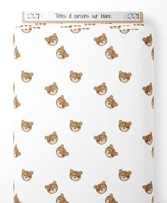 Tissu - Têtes d'oursons sur blanc
