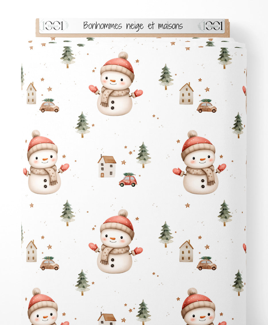 Tissu - Bonhommes neige et maisons