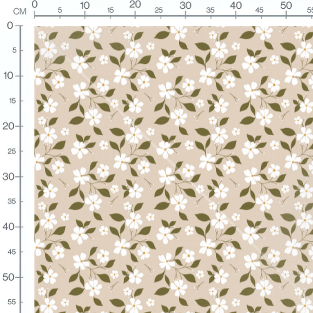 Tissu - Fleurs blanches et feuilles vertes 4