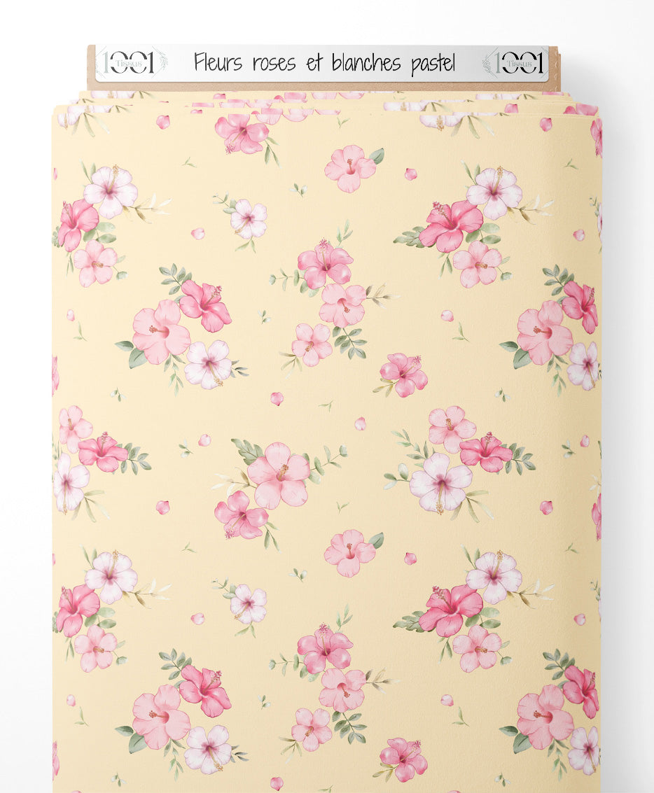 Tissu - Fleurs roses et blanches pastel