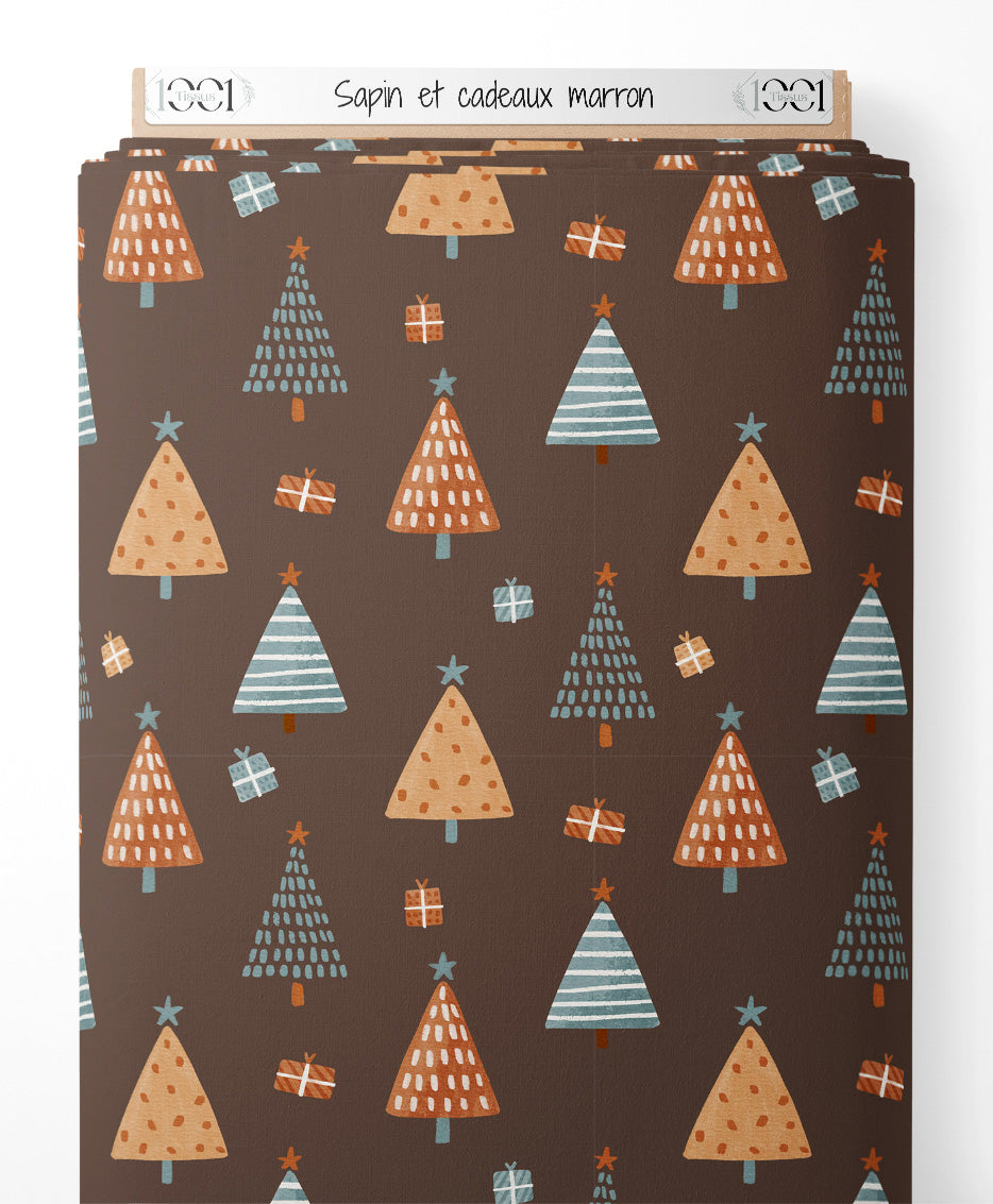 Tissu - Sapin et cadeaux marron