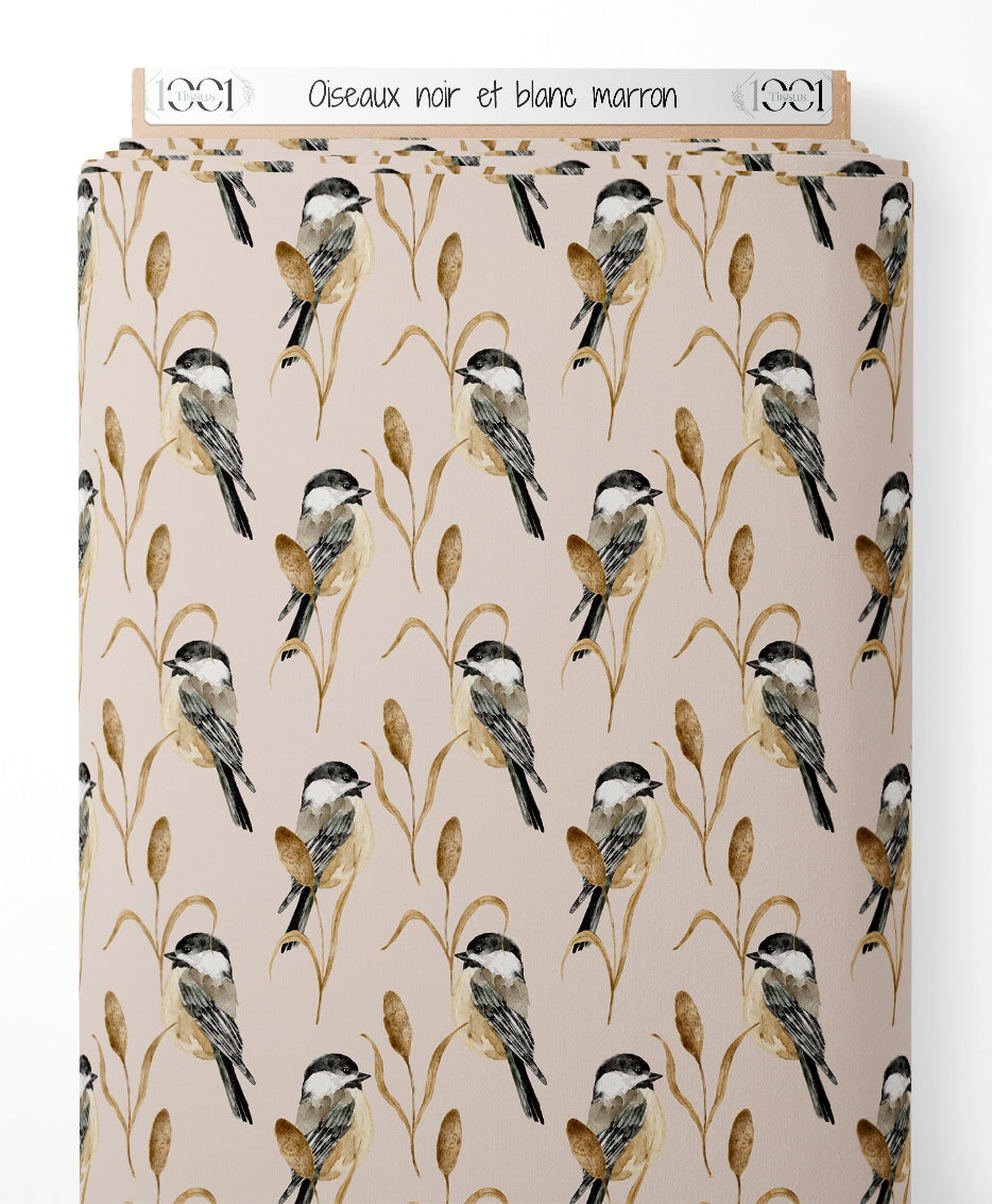 Tissu - Oiseaux noir et blanc marron