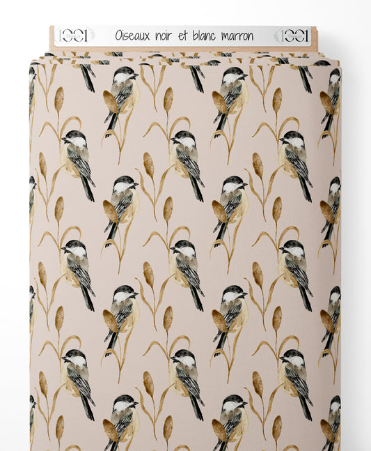 Tissu - Oiseaux noir et blanc marron