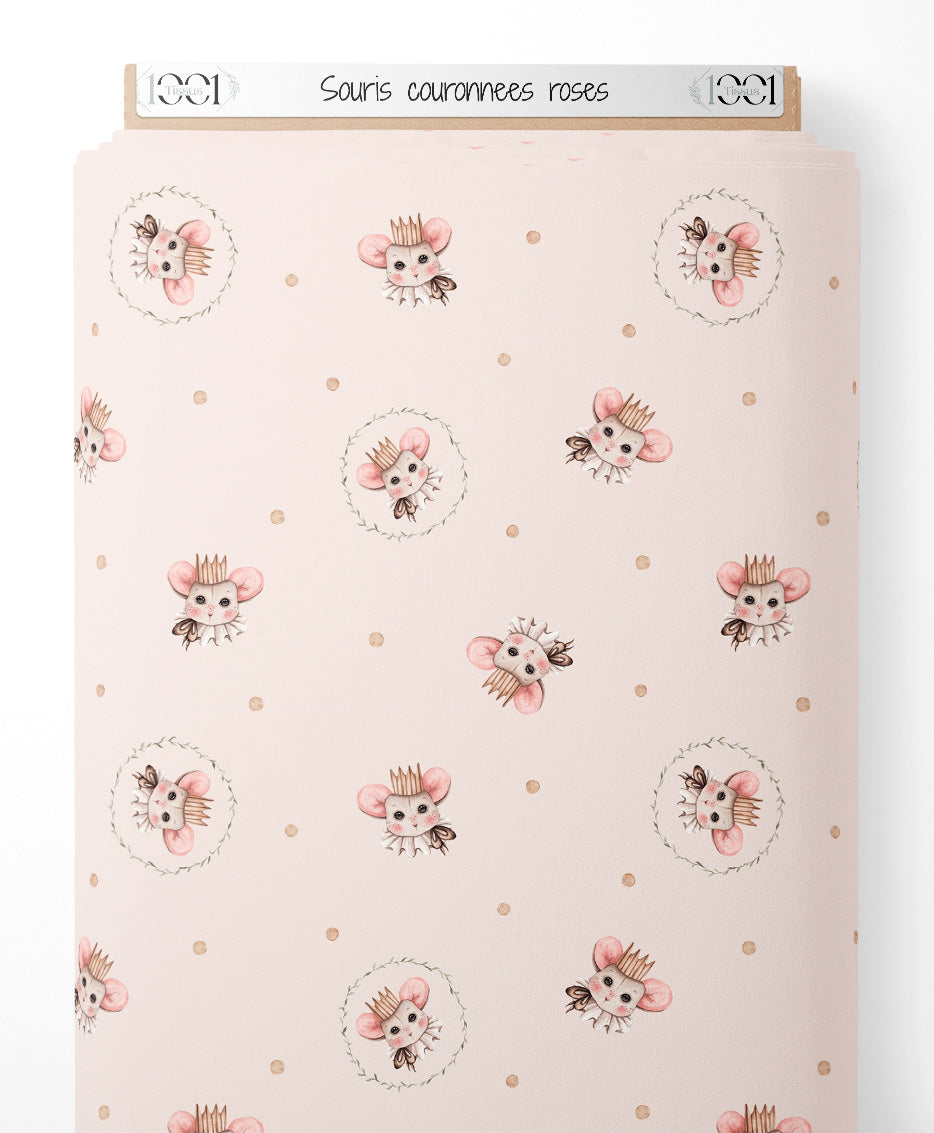 Tissu - Souris couronnées roses