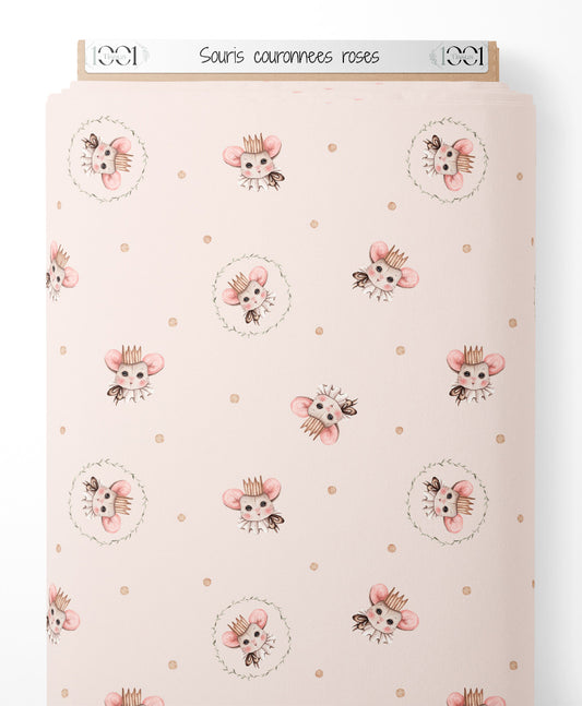 Tissu - Souris couronnées roses