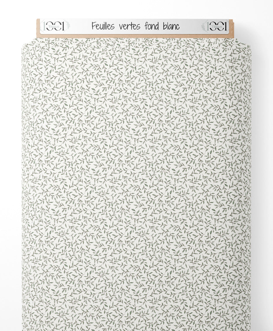 Tissu - Feuilles vertes sur fond blanc