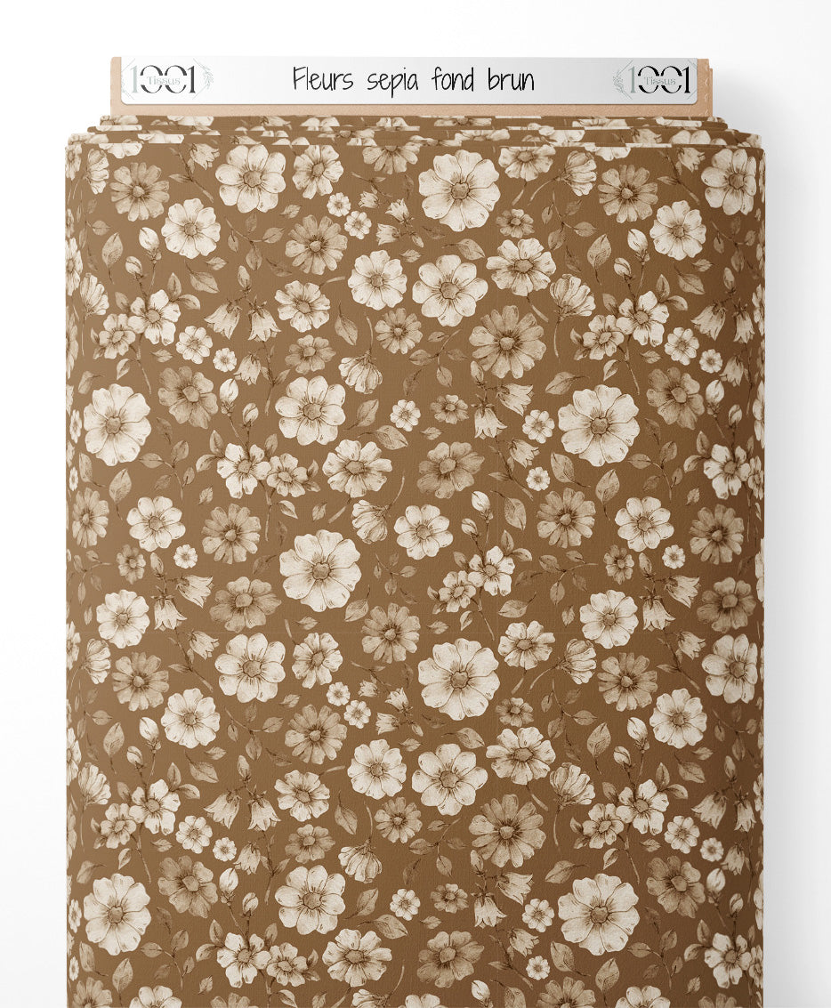 Tissu - Fleurs sépia sur fond brun