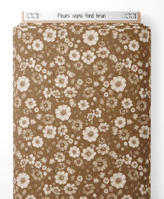 Tissu - Fleurs sépia sur fond brun