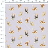 Tissu - Chiots et ballons lilas