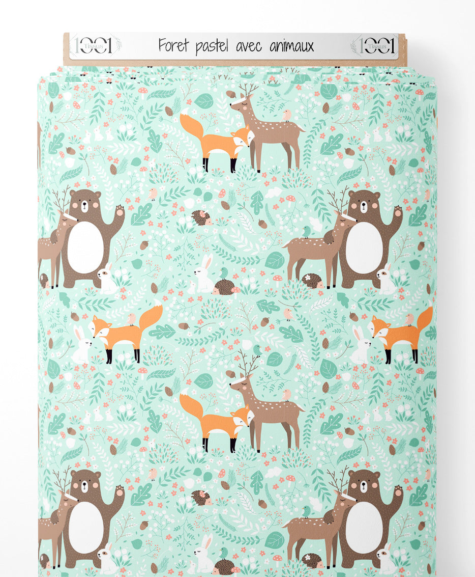 Tissu - Forêt pastel avec animaux