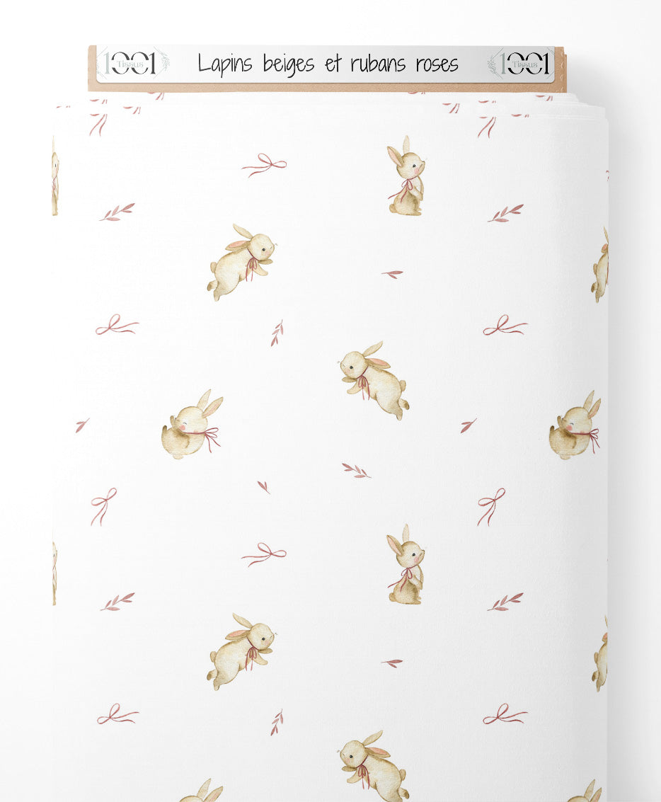 Tissu - Lapins beiges et rubans roses
