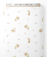 Tissu - Lapins beiges et rubans roses