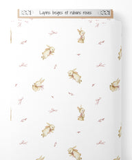 Tissu - Lapins beiges et rubans roses
