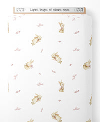 Tissu - Lapins beiges et rubans roses