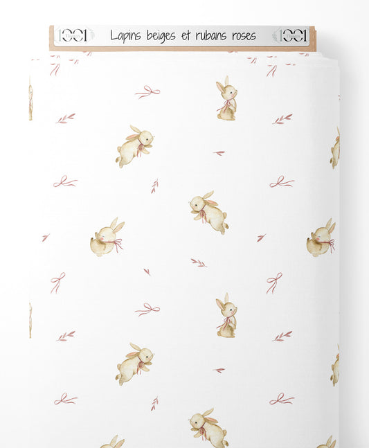 Tissu - Lapins beiges et rubans roses