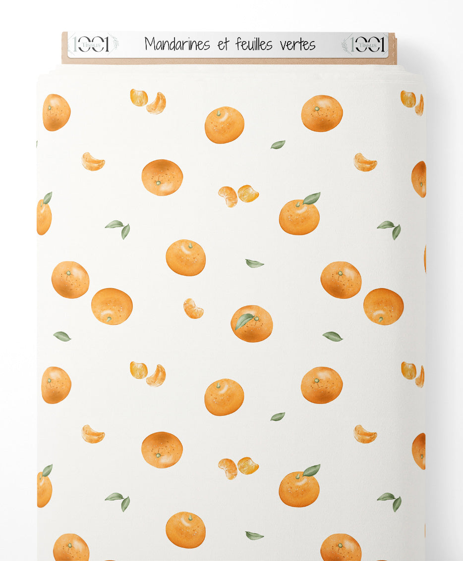 Tissu - Mandarines et feuilles vertes