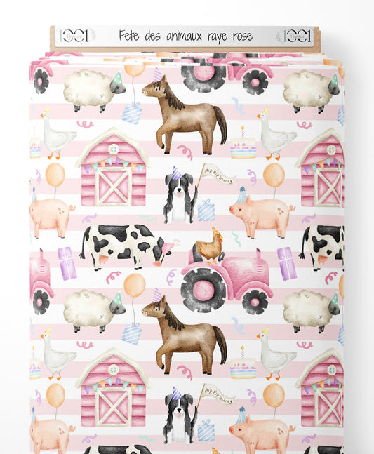 Tissu - Fête des animaux rayé rose