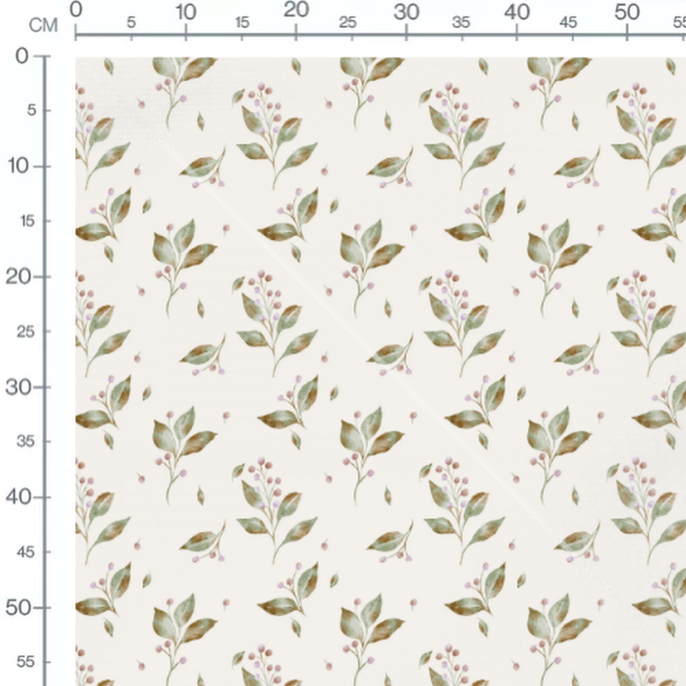 Tissu - Feuilles vertes et baies roses
