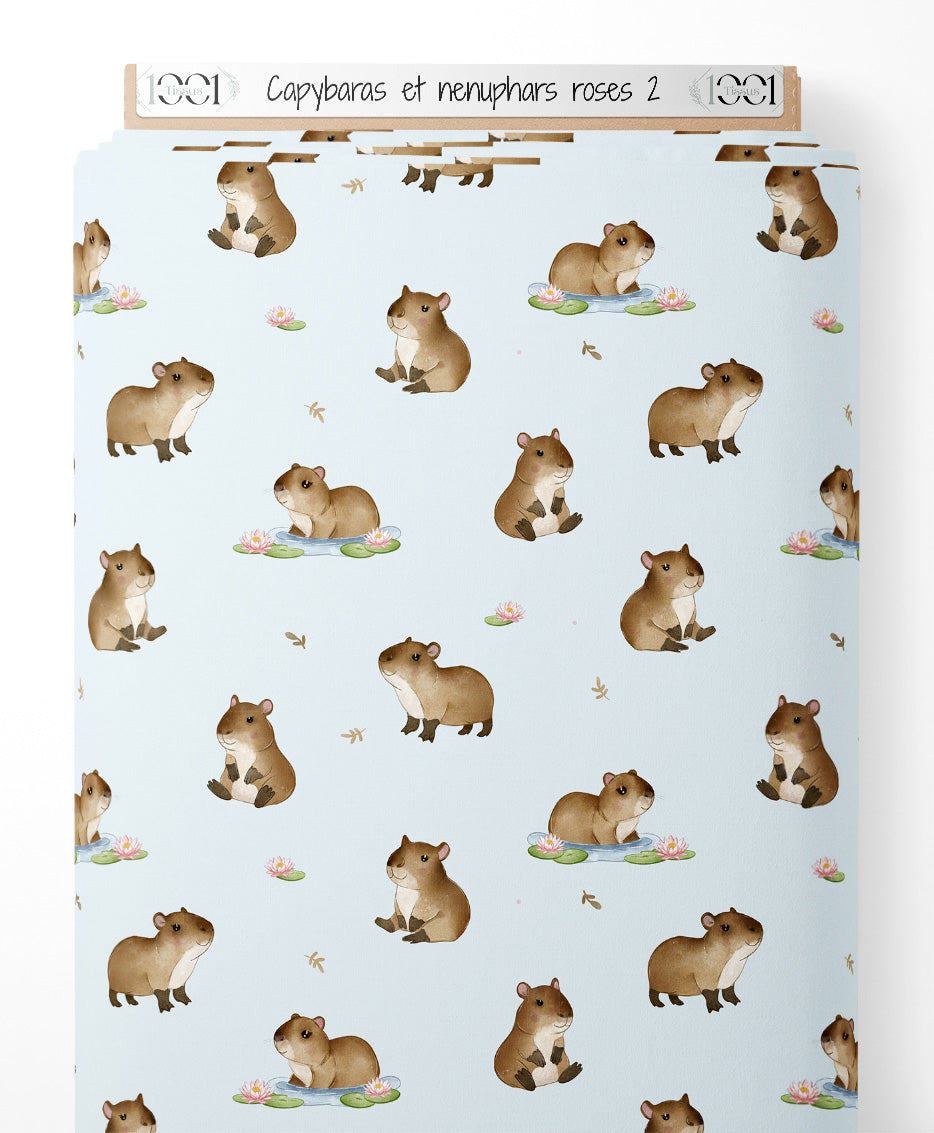 Tissu - Capybaras et nénuphars roses 2