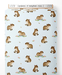 Tissu - Capybaras et nénuphars roses 2