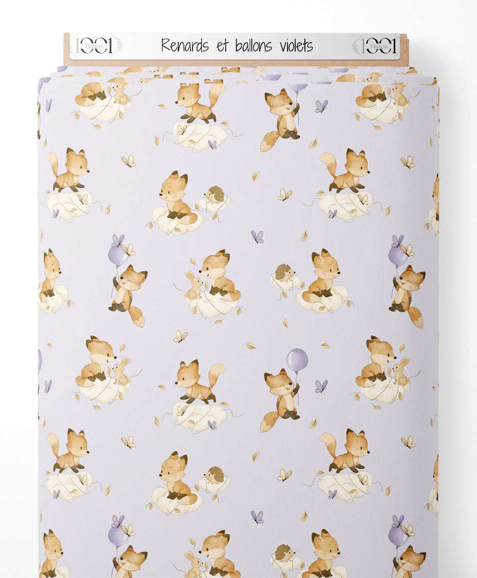 Tissu - Renards et ballons violets