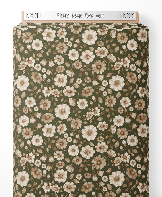 Tissu - Fleurs beige sur fond vert