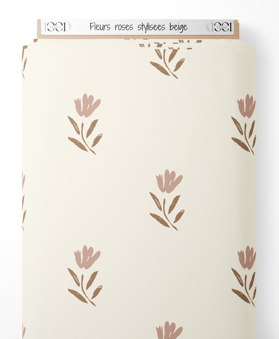 Tissu - Fleurs roses stylisées beige