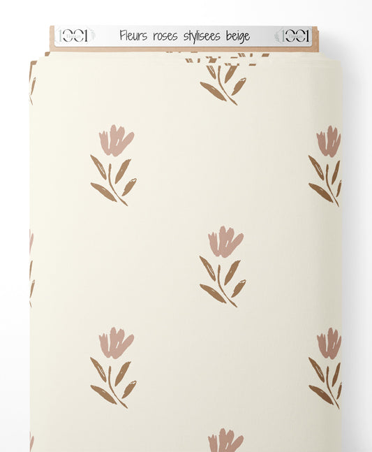 Tissu - Fleurs roses stylisées beige