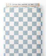 Tissu - Carreaux bleus mouchetés sur blanc