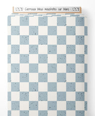 Tissu - Carreaux bleus mouchetés sur blanc