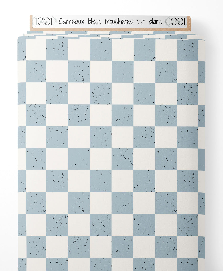 Tissu - Carreaux bleus mouchetés sur blanc