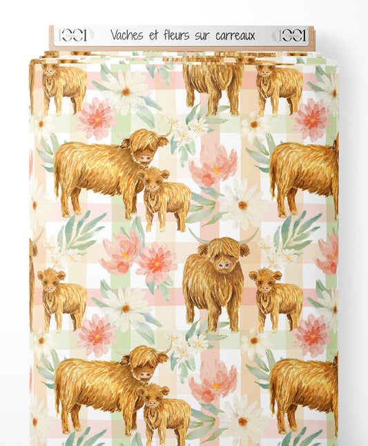 Tissu - Vaches et fleurs sur carreaux