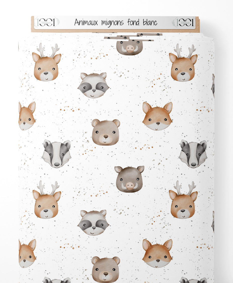 Tissu - Animaux mignons sur fond blanc