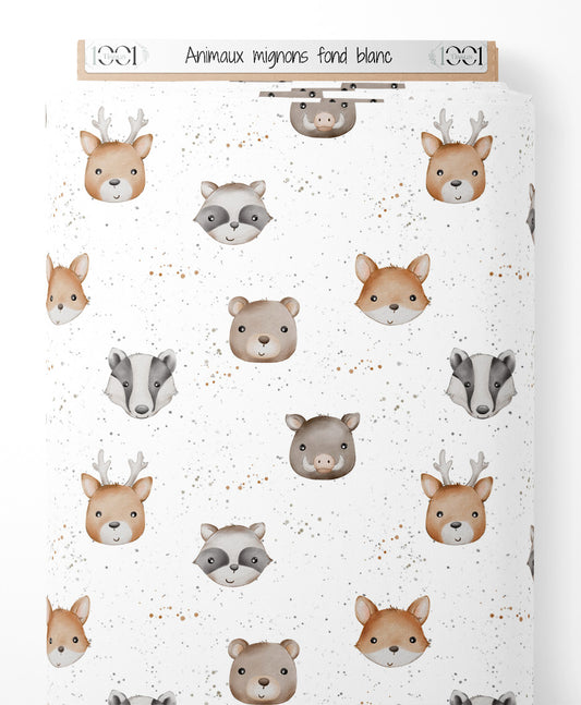 Tissu - Animaux mignons sur fond blanc