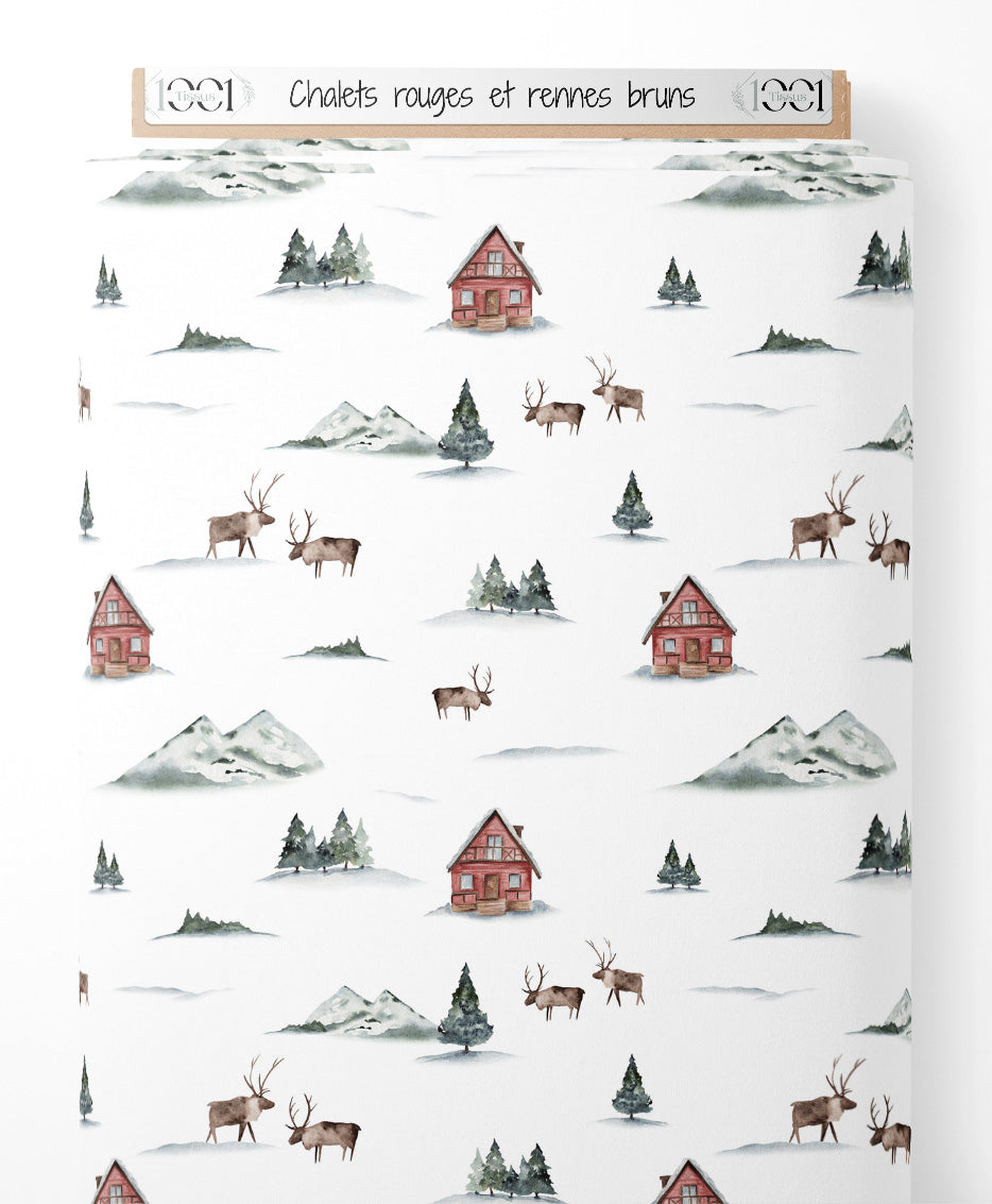 Tissu - Chalets rouges et rennes bruns