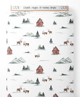 Tissu - Chalets rouges et rennes bruns