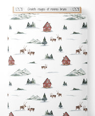 Tissu - Chalets rouges et rennes bruns