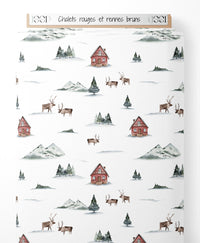 Tissu - Chalets rouges et rennes bruns