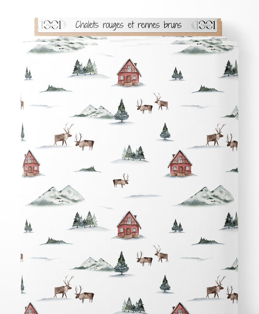 Tissu - Chalets rouges et rennes bruns