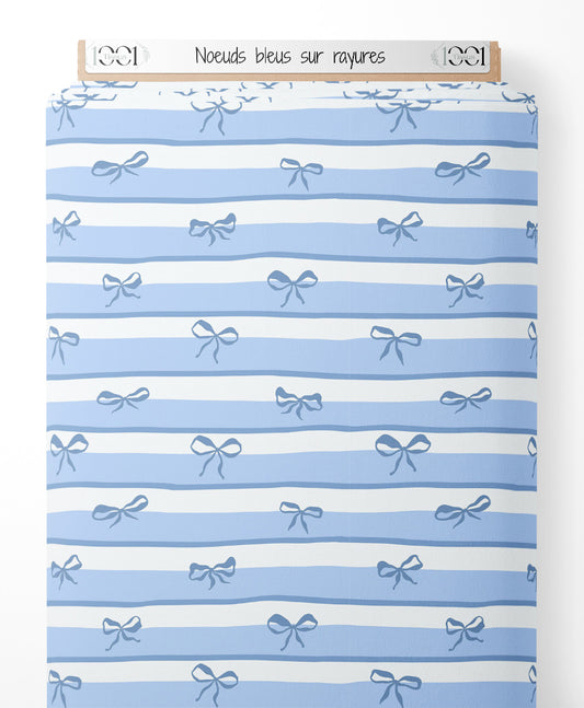 Tissu - Nœuds bleus sur rayures