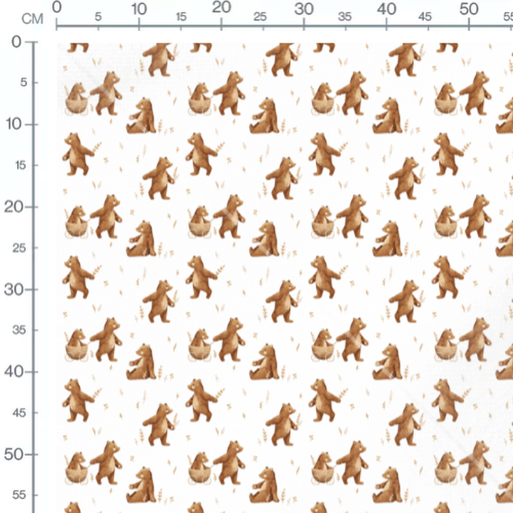 Tissu - Ours bruns et poussette blanche