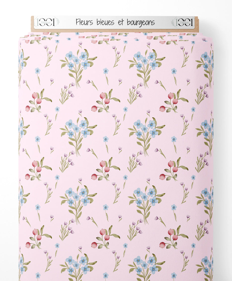 Tissu - Fleurs bleues et bourgeons