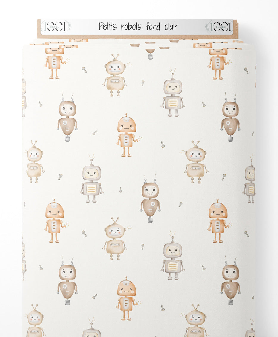 Tissu - Petits robots sur fond clair