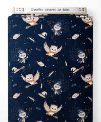 Tissu - Chouettes sorcières sur balais