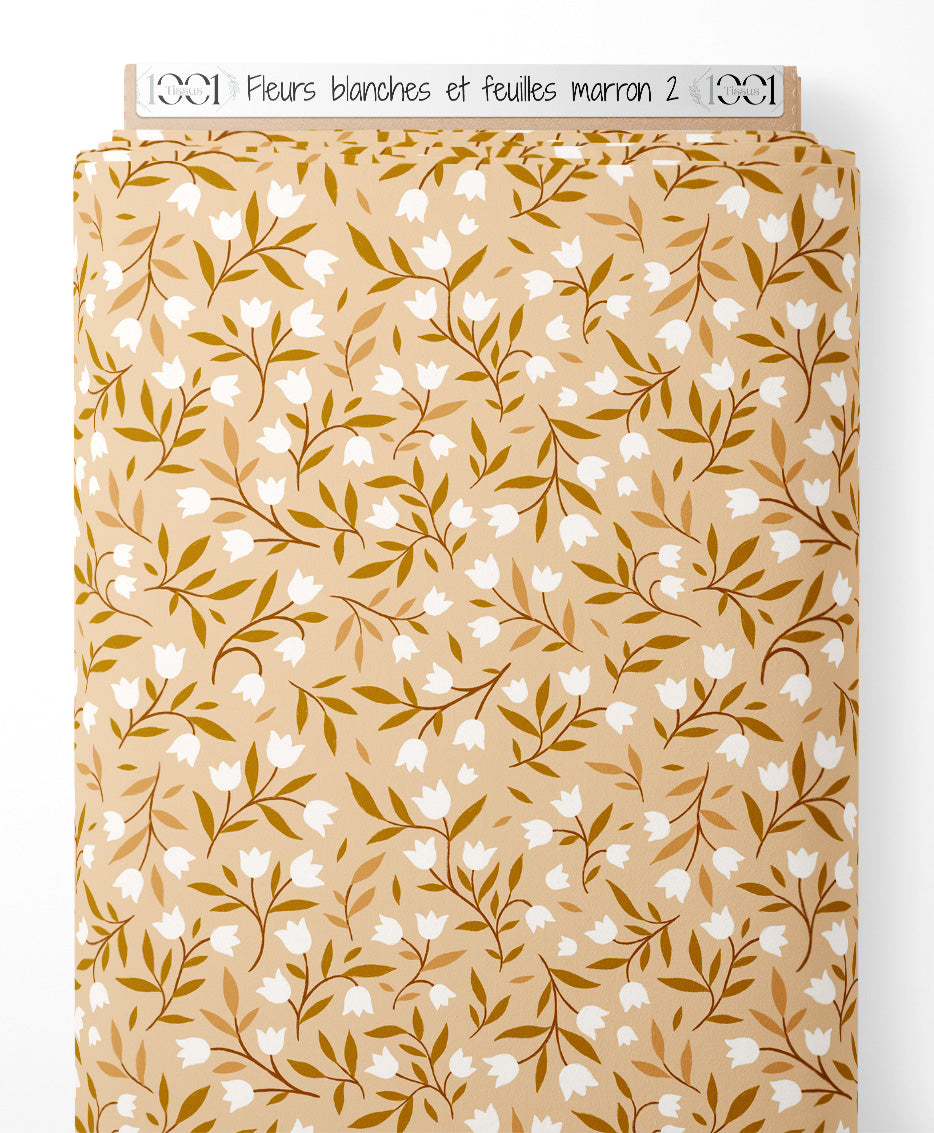 Tissu - Fleurs blanches et feuilles marron 2