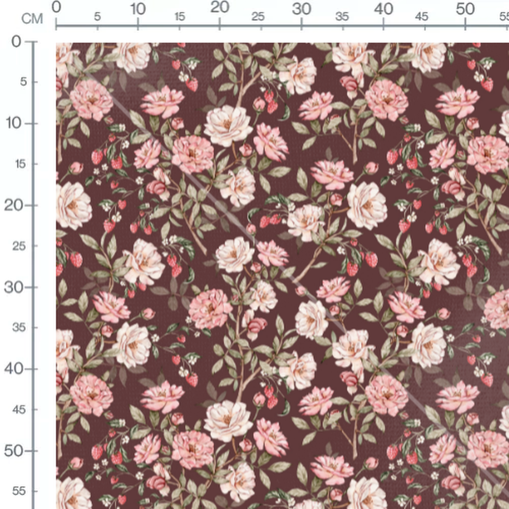 Tissu - Roses et fraises sur fond brun