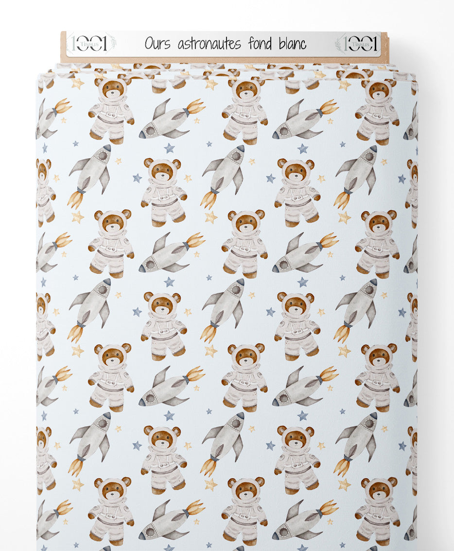 Tissu - Ours astronautes sur fond blanc
