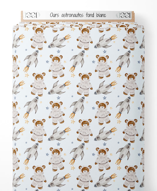 Tissu - Ours astronautes sur fond blanc