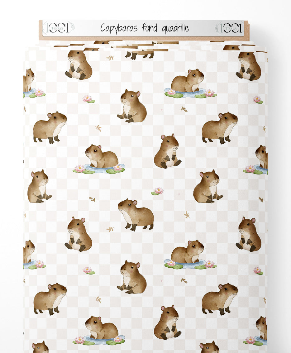 Tissu - Capybaras sur fond quadrillé
