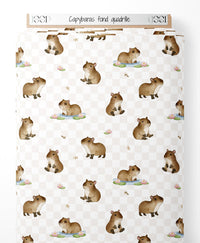 Tissu - Capybaras sur fond quadrillé
